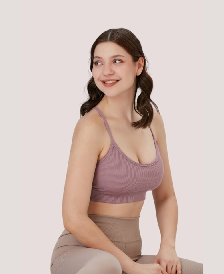 Aurafit Fitilli U Yaka İp Askılı Basic Büstiyer/Croptop - 9027 Pudra  - M/L