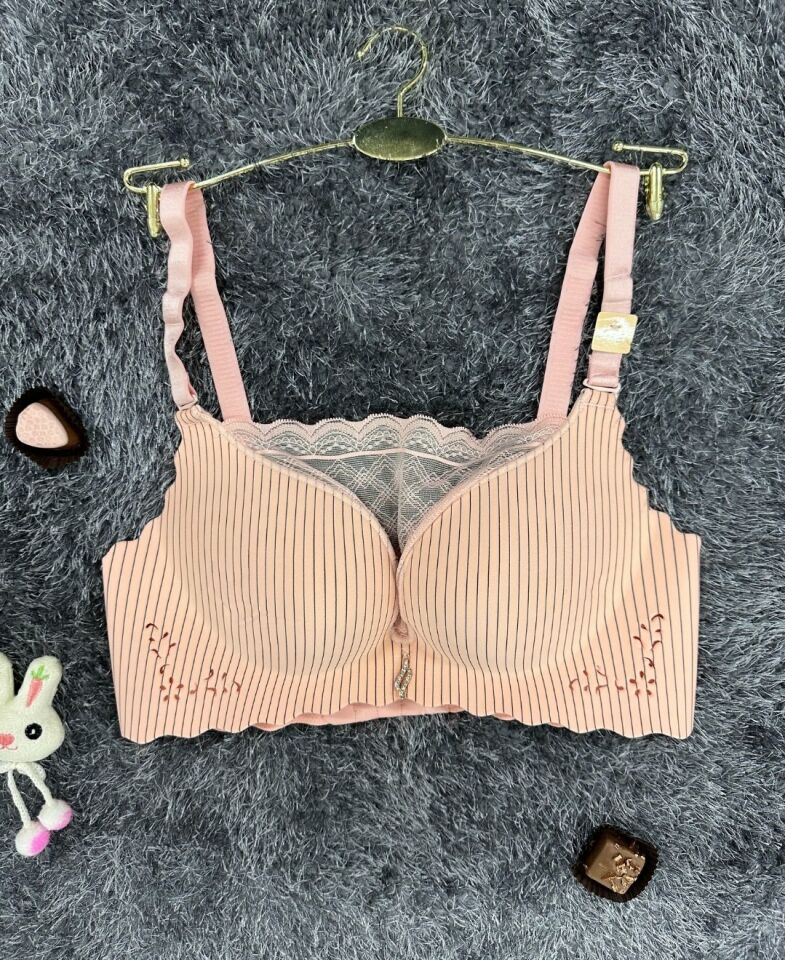 İthal Çizgili Önü Dantelli Lazer Kesim Soft Push Up Balensiz Sütyen - 1202 Pembe - 75B
