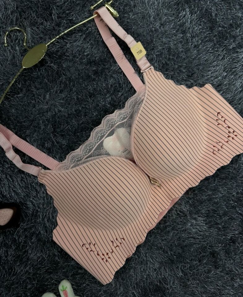 İthal Çizgili Önü Dantelli Lazer Kesim Soft Push Up Balensiz Sütyen - 1202 Pembe - 75B