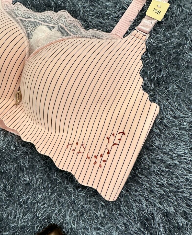 İthal Çizgili Önü Dantelli Lazer Kesim Soft Push Up Balensiz Sütyen - 1202 Pembe - 75B