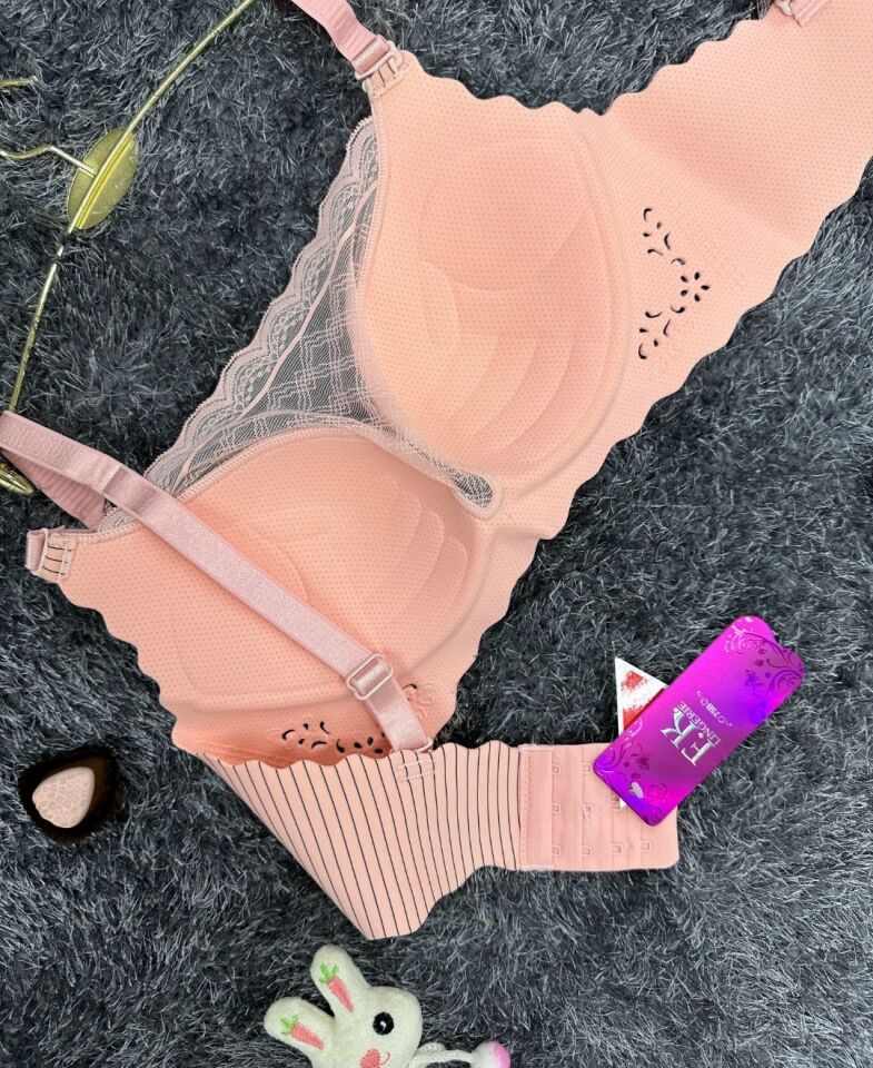 İthal Çizgili Önü Dantelli Lazer Kesim Soft Push Up Balensiz Sütyen - 1202 Pembe - 75B