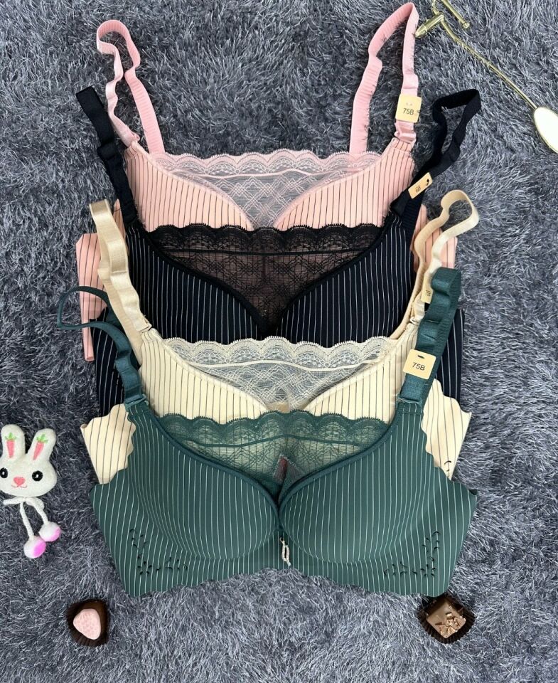 İthal Çizgili Önü Dantelli Lazer Kesim Soft Push Up Balensiz Sütyen - 1202 Pembe - 75B