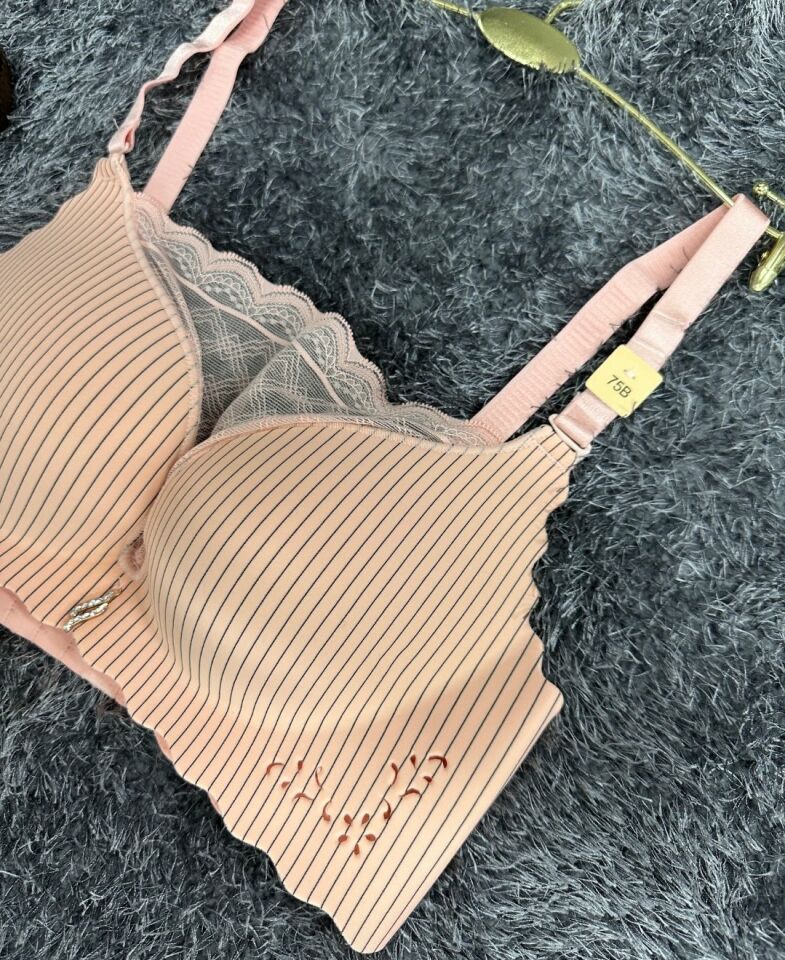 İthal Çizgili Önü Dantelli Lazer Kesim Soft Push Up Balensiz Sütyen - 1202 Pembe - 85B
