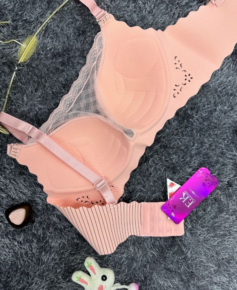 İthal Çizgili Önü Dantelli Lazer Kesim Soft Push Up Balensiz Sütyen - 1202 Pembe - 85B