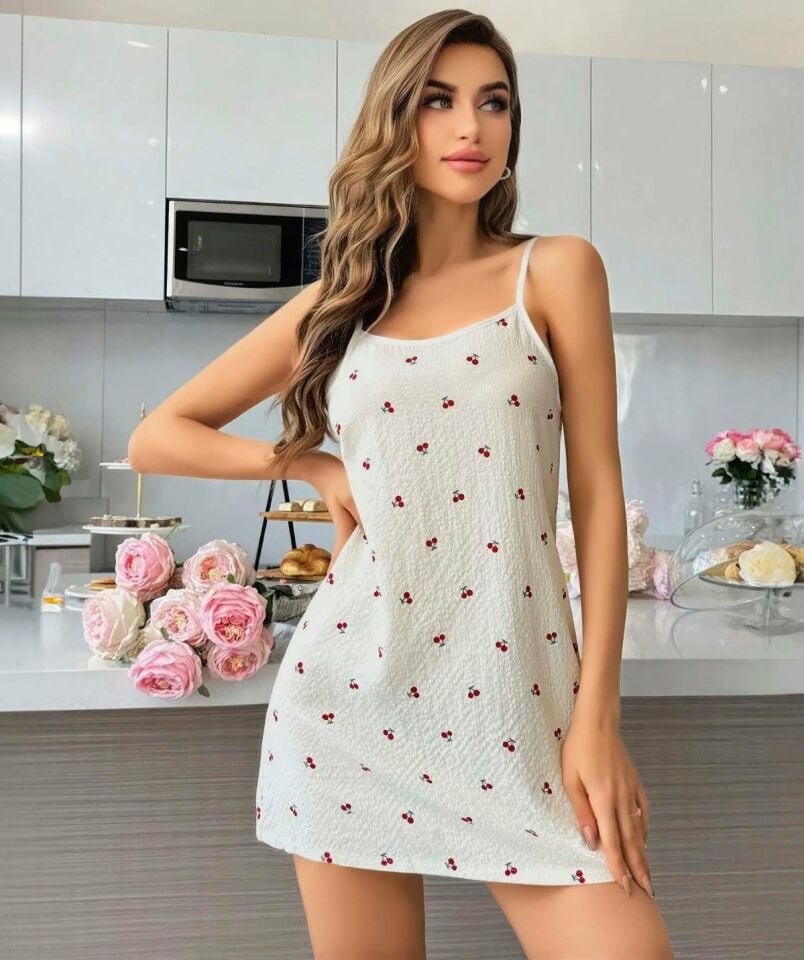 Lily Bianca %100 Pamuk Penye Kiraz Desenli Şirin Mini Gecelik-13000 Beyaz - L/XL