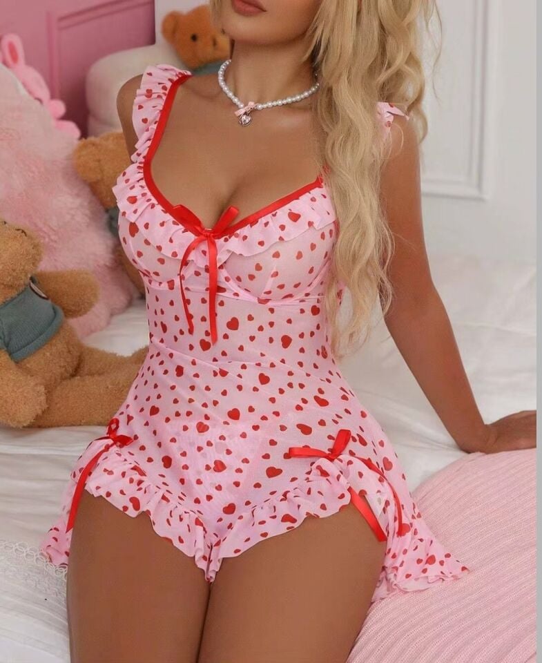 Intive Kalp Desenli Derin V Dekolte Fırfır Detatylı Asimetrik Kesim Mini Gecelik Pembe - L/XL