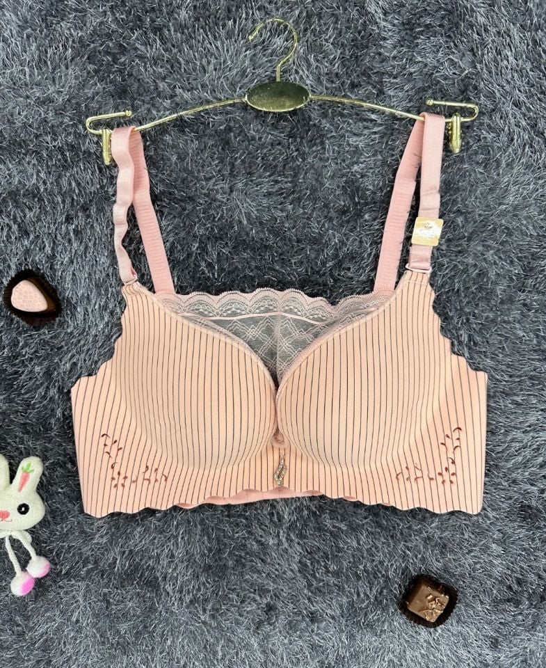 İthal Çizgili Önü Dantelli Lazer Kesim Soft Push Up Balensiz Sütyen - 1202 Pembe - 90B