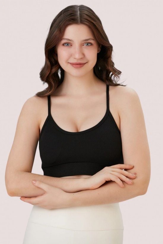 Aurafit Fitilli U Yaka İp Askılı Basic Büstiyer/Croptop - 9027 Siyah - S/M