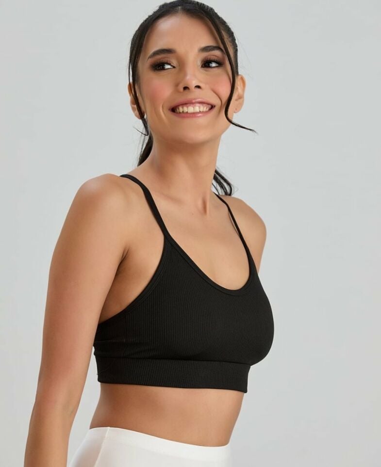 Aurafit Fitilli U Yaka İp Askılı Basic Büstiyer/Croptop - 9027 Siyah - S/M