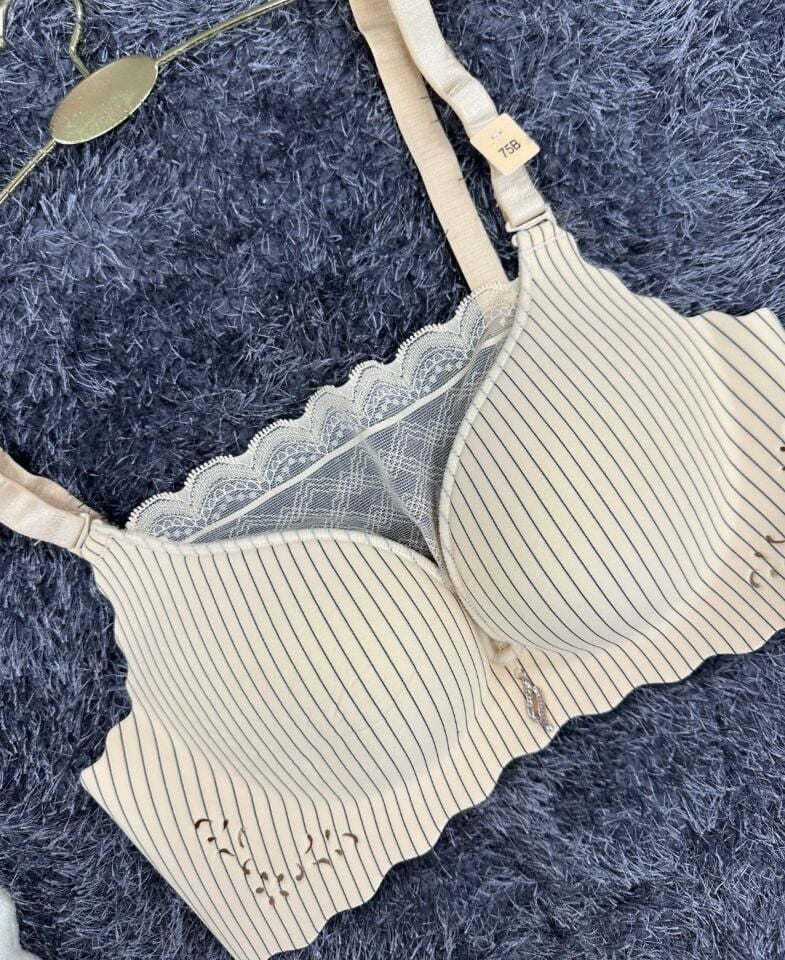 İthal Çizgili Önü Dantelli Lazer Kesim Soft Push Up Balensiz Sütyen - 1202 Pudra  - 75B