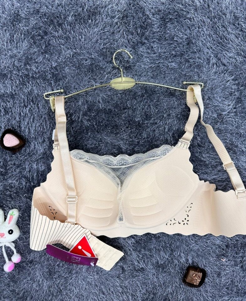 İthal Çizgili Önü Dantelli Lazer Kesim Soft Push Up Balensiz Sütyen - 1202 Pudra  - 80B