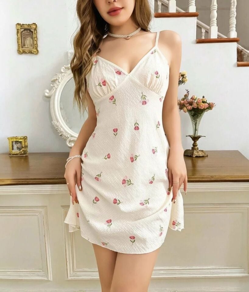 Lily Bianca %100 Pamuk Penye Pembe Gül Desenli Şirin Mini Gecelik-13004 Beyaz - L/XL