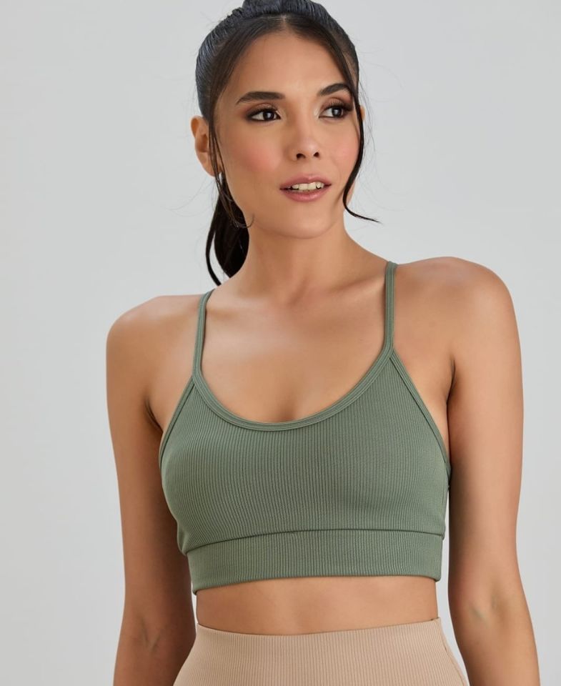 Aurafit Fitilli U Yaka İp Askılı Basic Büstiyer/Croptop - 9027 Haki Yeşil - S/M