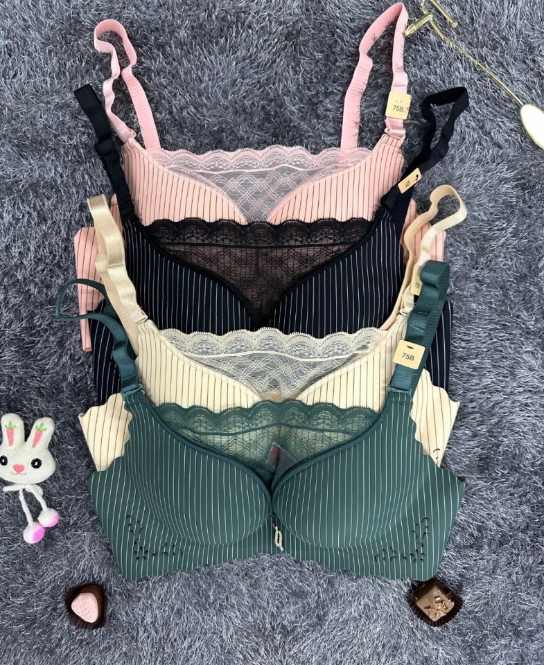 İthal Çizgili Önü Dantelli Lazer Kesim Soft Push Up Balensiz Sütyen - 1202 Pudra  - 85B