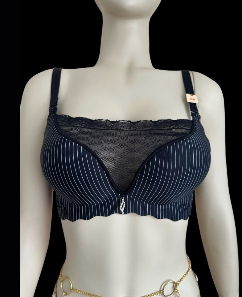 İthal Çizgili Önü Dantelli Lazer Kesim Soft Push Up Balensiz Sütyen - 1202 Siyah - 75B