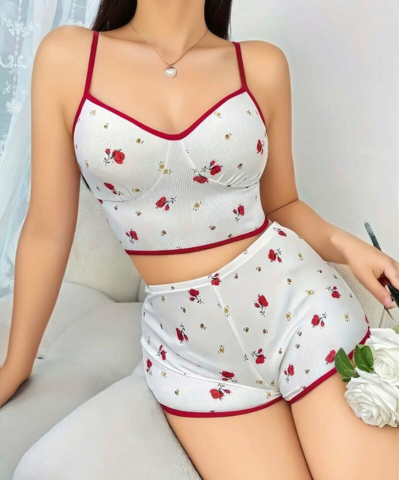 Lily Bianca %100 Pamuk Penye Çiçek Desenli Büstiyer/Şort Takım-Pijama-13001 Beyaz - L/XL