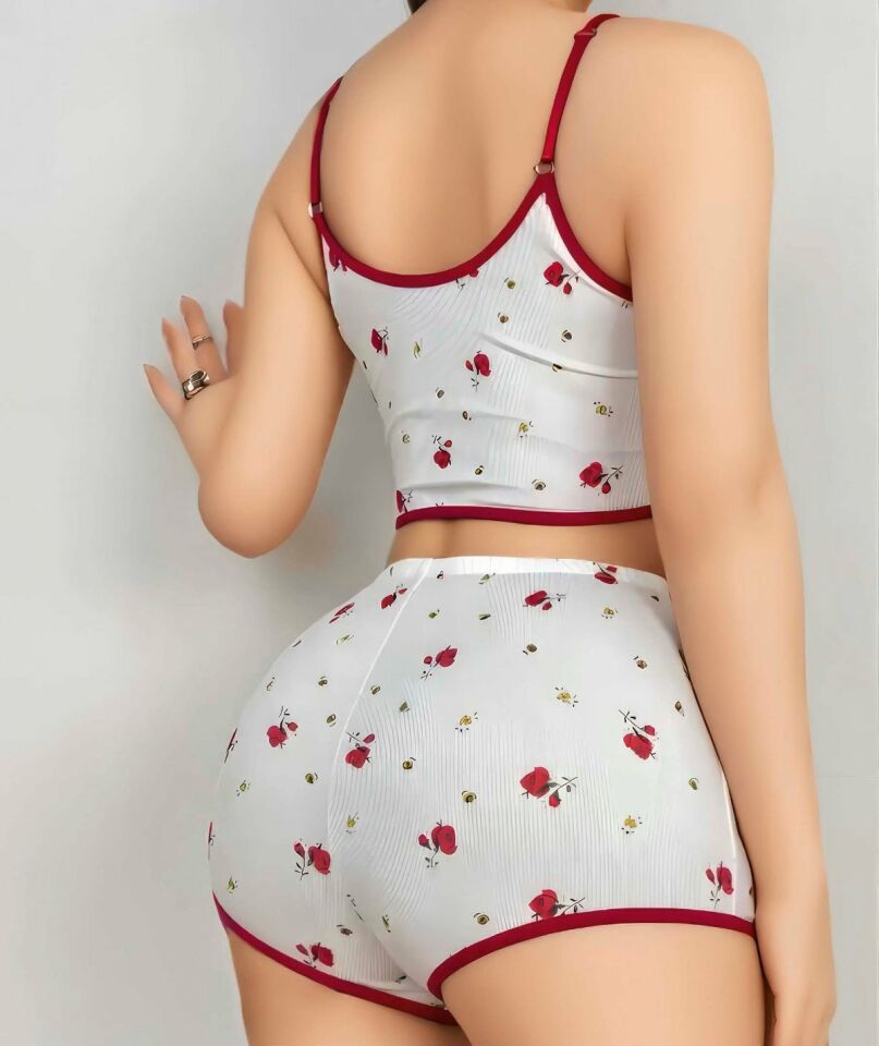 Lily Bianca %100 Pamuk Penye Çiçek Desenli Büstiyer/Şort Takım-Pijama-13001 Beyaz - L/XL