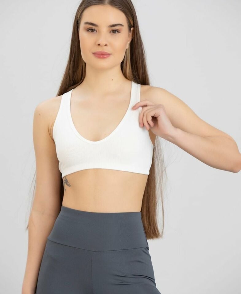 Aurafit Fitilli Derin U Yaka Kalın İp Askılı Arkası Çapraz Büstiyer/Croptop - 9044 Beyaz - S/M