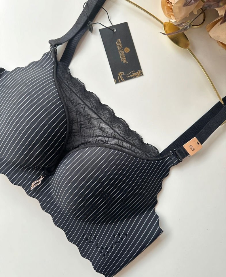 İthal Çizgili Önü Dantelli Lazer Kesim Soft Push Up Balensiz Sütyen - 1202 Siyah - 80B