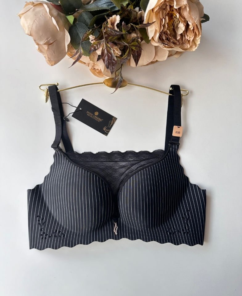 İthal Çizgili Önü Dantelli Lazer Kesim Soft Push Up Balensiz Sütyen - 1202 Siyah - 80B