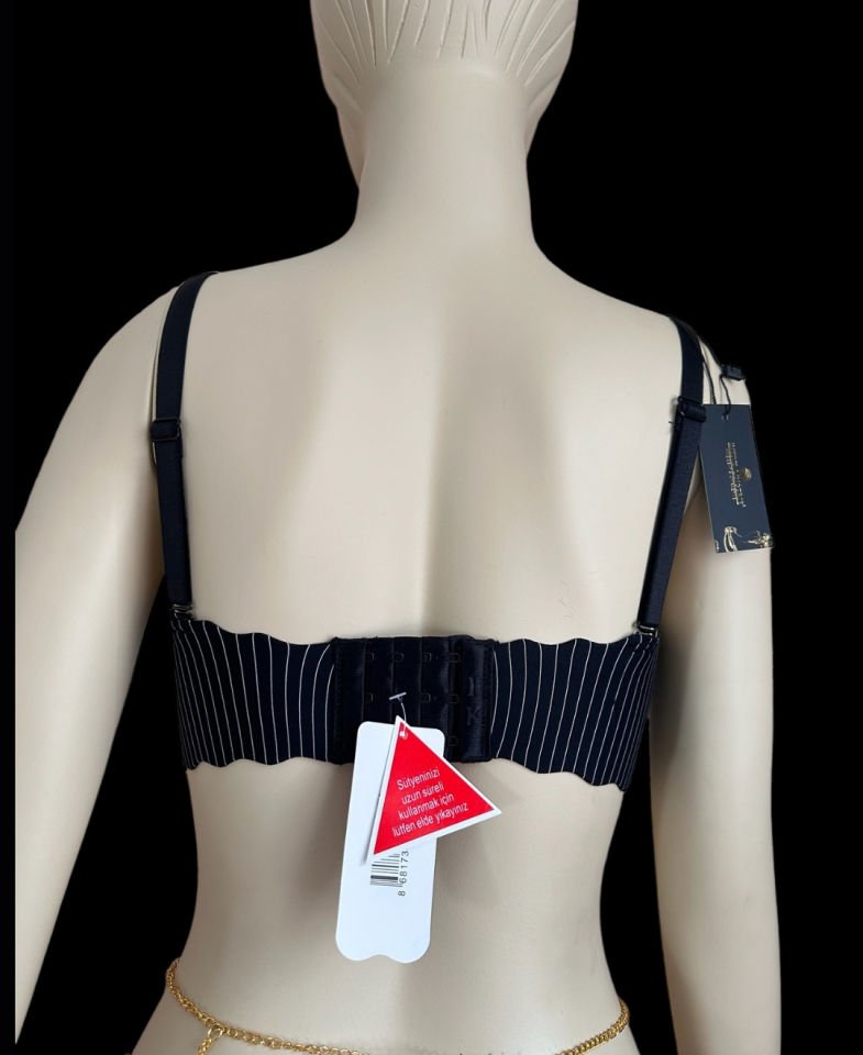 İthal Çizgili Önü Dantelli Lazer Kesim Soft Push Up Balensiz Sütyen - 1202 Siyah - 80B