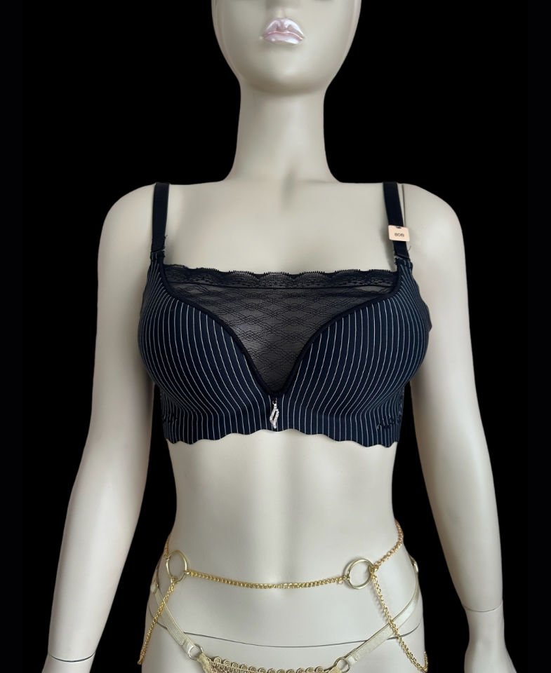 İthal Çizgili Önü Dantelli Lazer Kesim Soft Push Up Balensiz Sütyen - 1202 Siyah - 80B