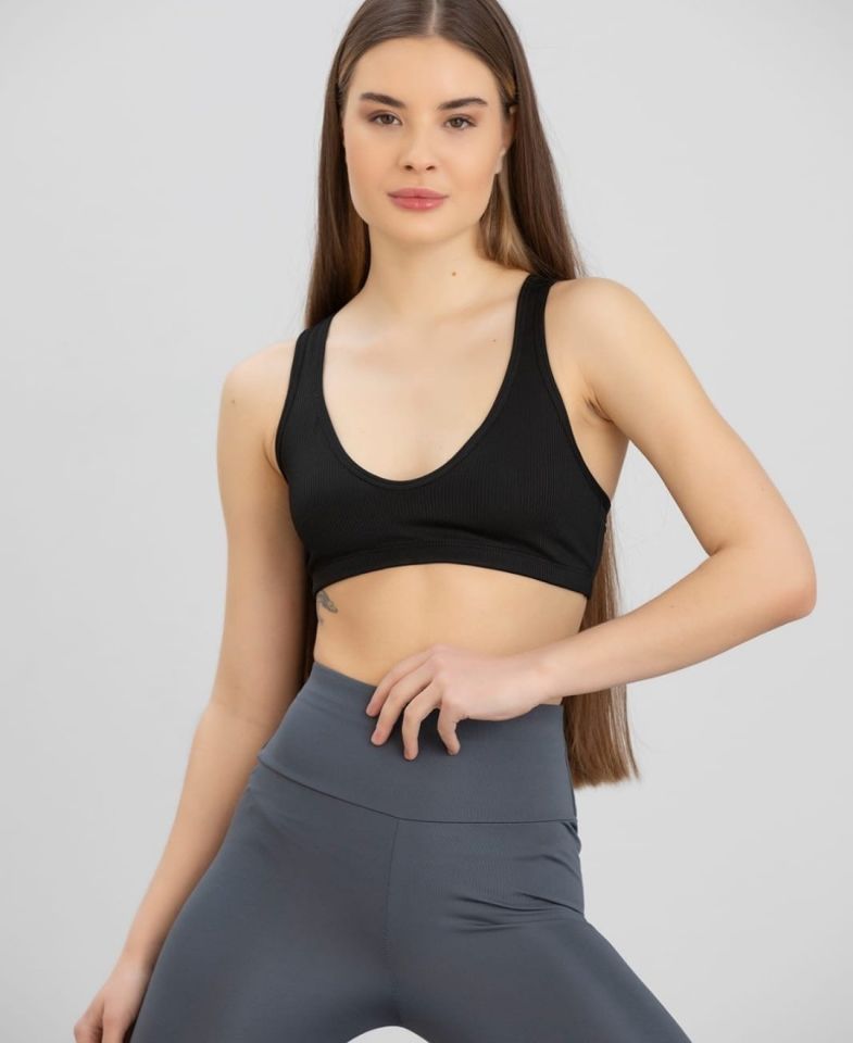 Aurafit Fitilli Derin U Yaka Kalın İp Askılı Arkası Çapraz Büstiyer/Croptop - 9044 Siyah - S/M
