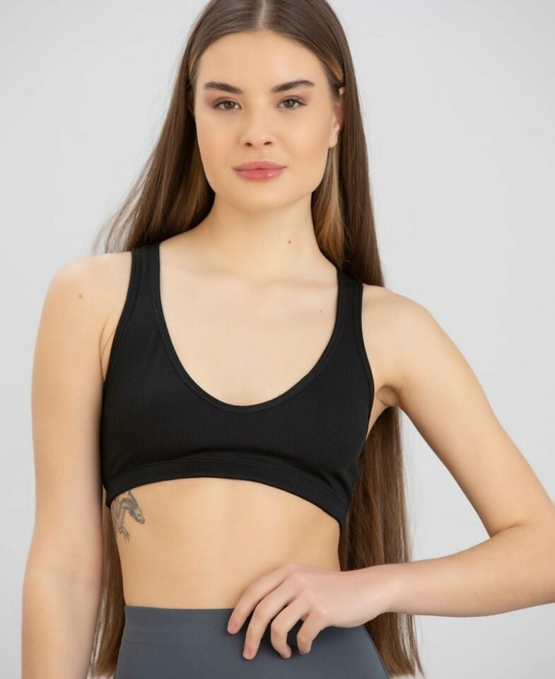 Aurafit Fitilli Derin U Yaka Kalın İp Askılı Arkası Çapraz Büstiyer/Croptop - 9044 Siyah - S/M