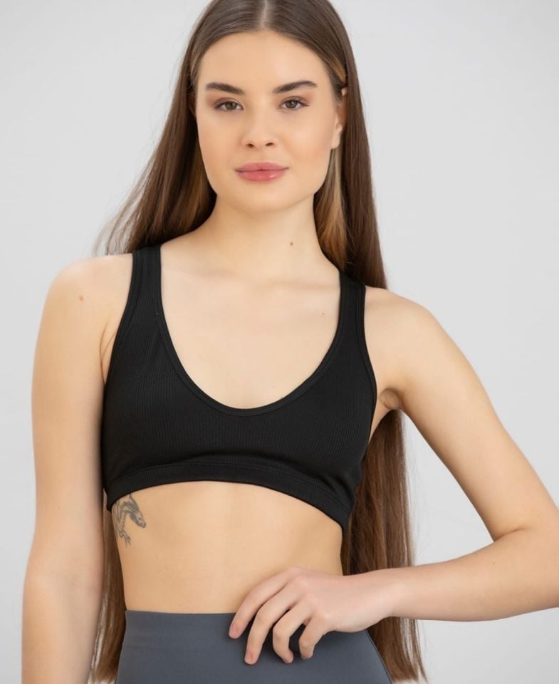 Aurafit Fitilli Derin U Yaka Kalın İp Askılı Arkası Çapraz Büstiyer/Croptop - 9044 Siyah - M/L