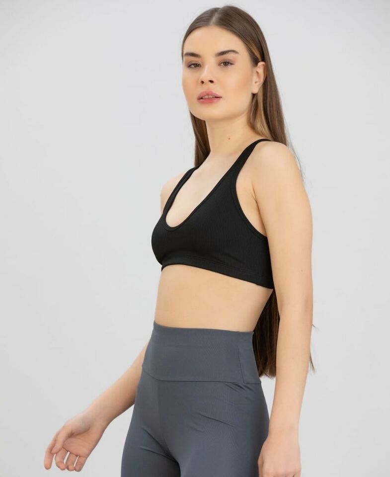 Aurafit Fitilli Derin U Yaka Kalın İp Askılı Arkası Çapraz Büstiyer/Croptop - 9044 Siyah - M/L