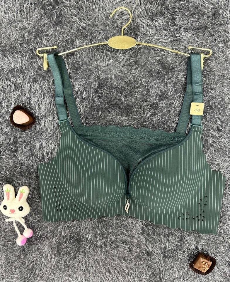 İthal Çizgili Önü Dantelli Lazer Kesim Soft Push Up Balensiz Sütyen - 1202 Yeşil - 75B