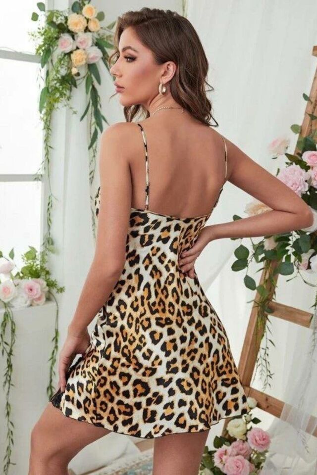 YNT Leopar Yırtmaç Detaylı Mini Elbise Gecelik 15527 Leopar - L/XL