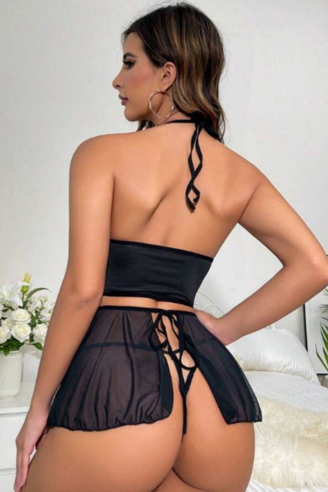 YNT Siyah Bağlama Detaylı Sütyen Etek Takım 16027 Siyah - 2XL-3XL