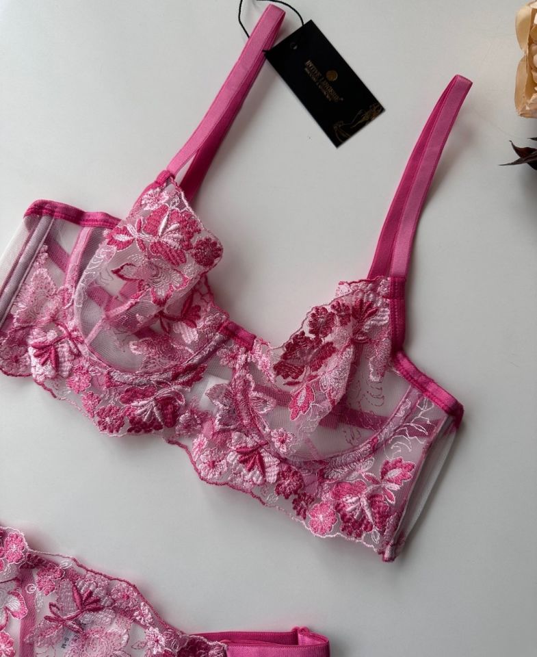 Flower Love Çiçek Desenli Transparan Dantel Sütyen Takım (Pembe, Mor, Somon) Pembe - 75B