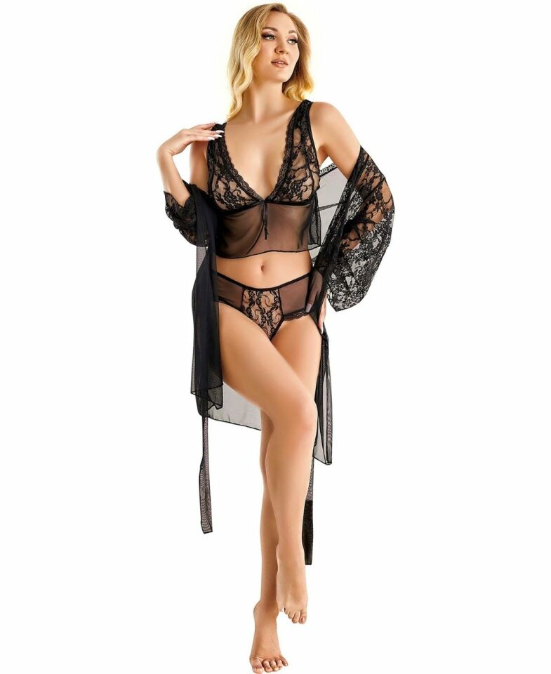 Kadın Siyah Güpür Dantelli Tül Transparan Fantezi Bralet-Tanga-Gecelik Takım -9082 Siyah - Tek Ebat