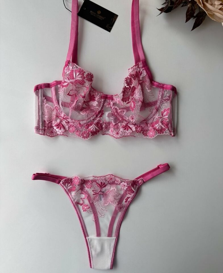 Flower Love Çiçek Desenli Transparan Dantel Sütyen Takım (Pembe, Mor, Somon) Pembe - 80B