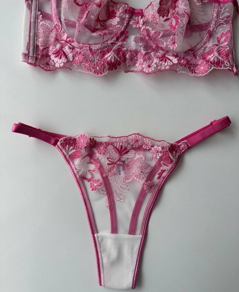 Flower Love Çiçek Desenli Transparan Dantel Sütyen Takım (Pembe, Mor, Somon) Pembe - 80B