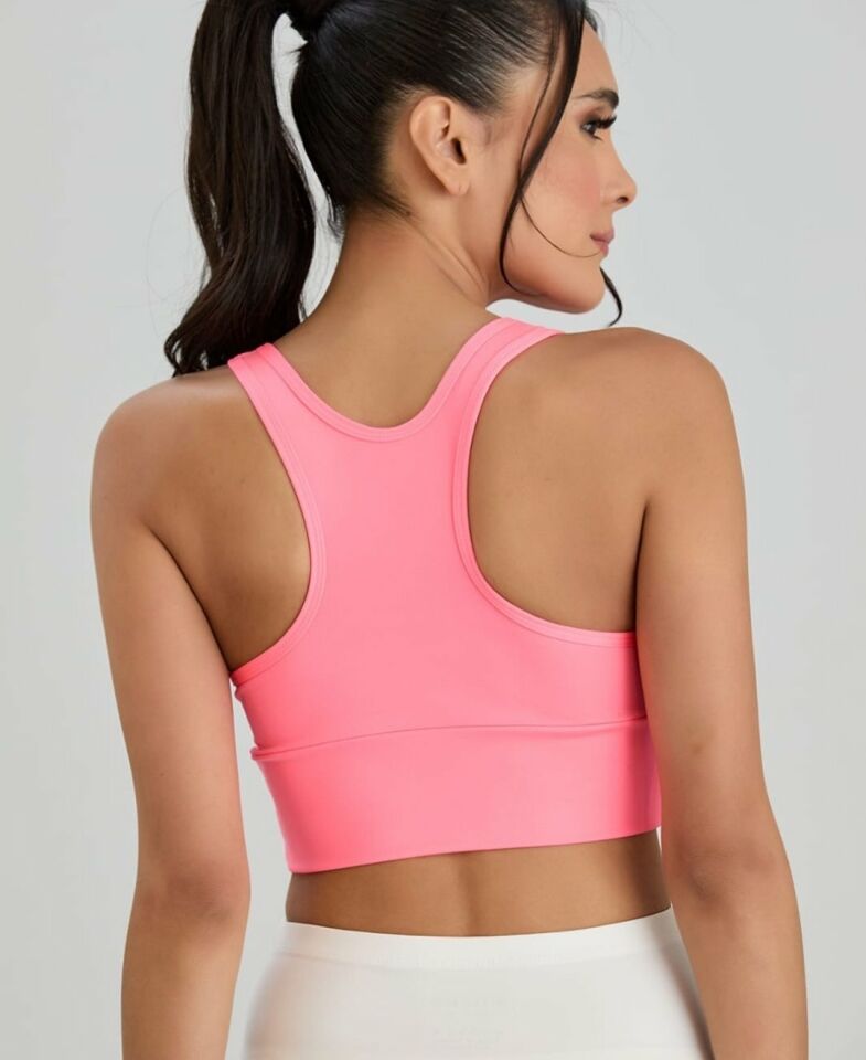 Aurafit Arkası Halter Kesim U Yaka Spor Sütyeni/Büstiyer/Croptop-9041 Fosfor Pembe - M/L