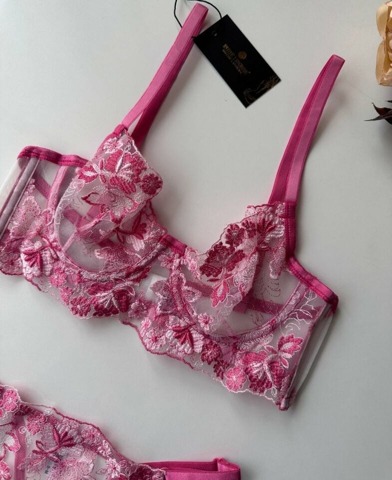 Flower Love Çiçek Desenli Transparan Dantel Sütyen Takım (Pembe, Mor, Somon) Pembe - 90B