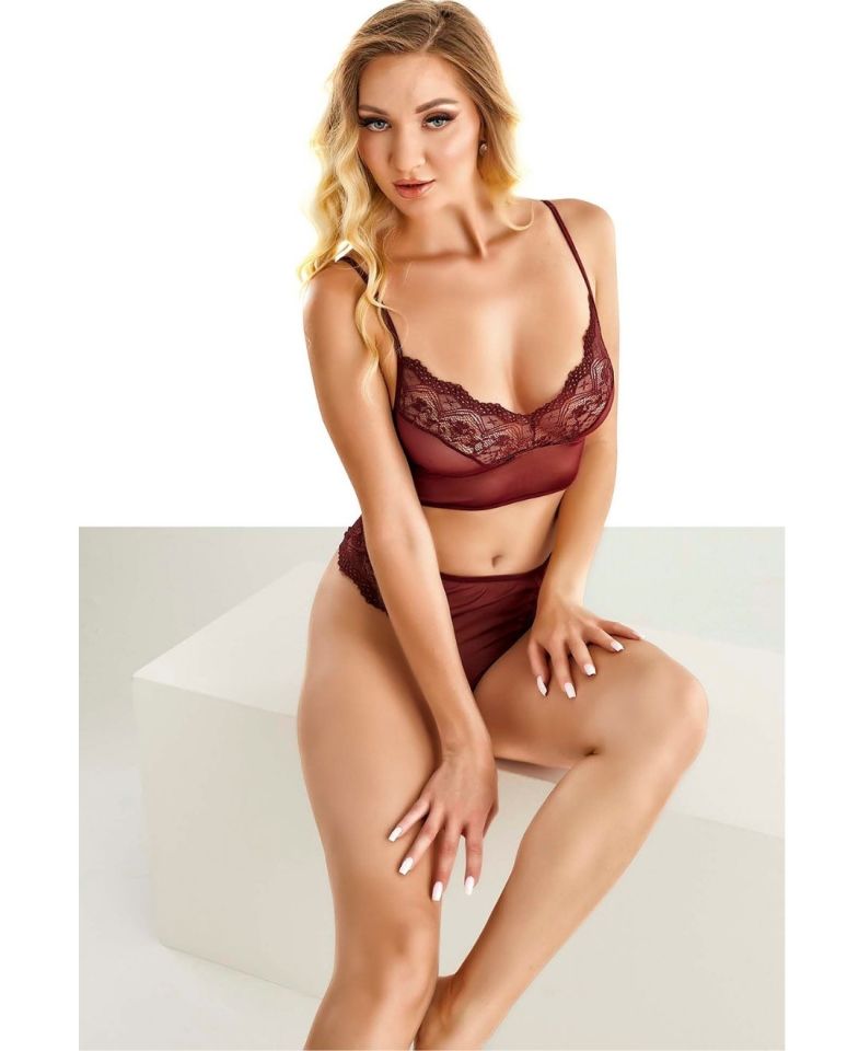 Kadın Bordo Güpür Dantelli Tül Transparan Fantezi Bralet-Tanga-Gecelik Takım -9089 Bordo - Tek Ebat