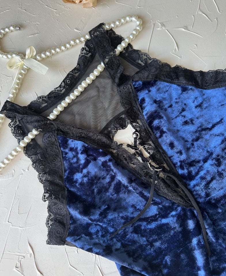 Intive Kadın Saks Mavisi Kadife ve Dantelli V Yaka Bağlama Detaylı Çıtçıtlı Büstiyer-3229 SAKS - L/XL