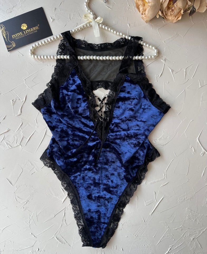 Intive Kadın Saks Mavisi Kadife ve Dantelli V Yaka Bağlama Detaylı Çıtçıtlı Büstiyer-3229 SAKS - L/XL
