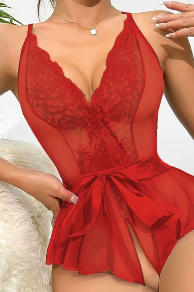 YNT Kırmızı Özel Bölgesi Açık Kuşaklı Gecelik 15053 Kırmızı - 2XL-3XL