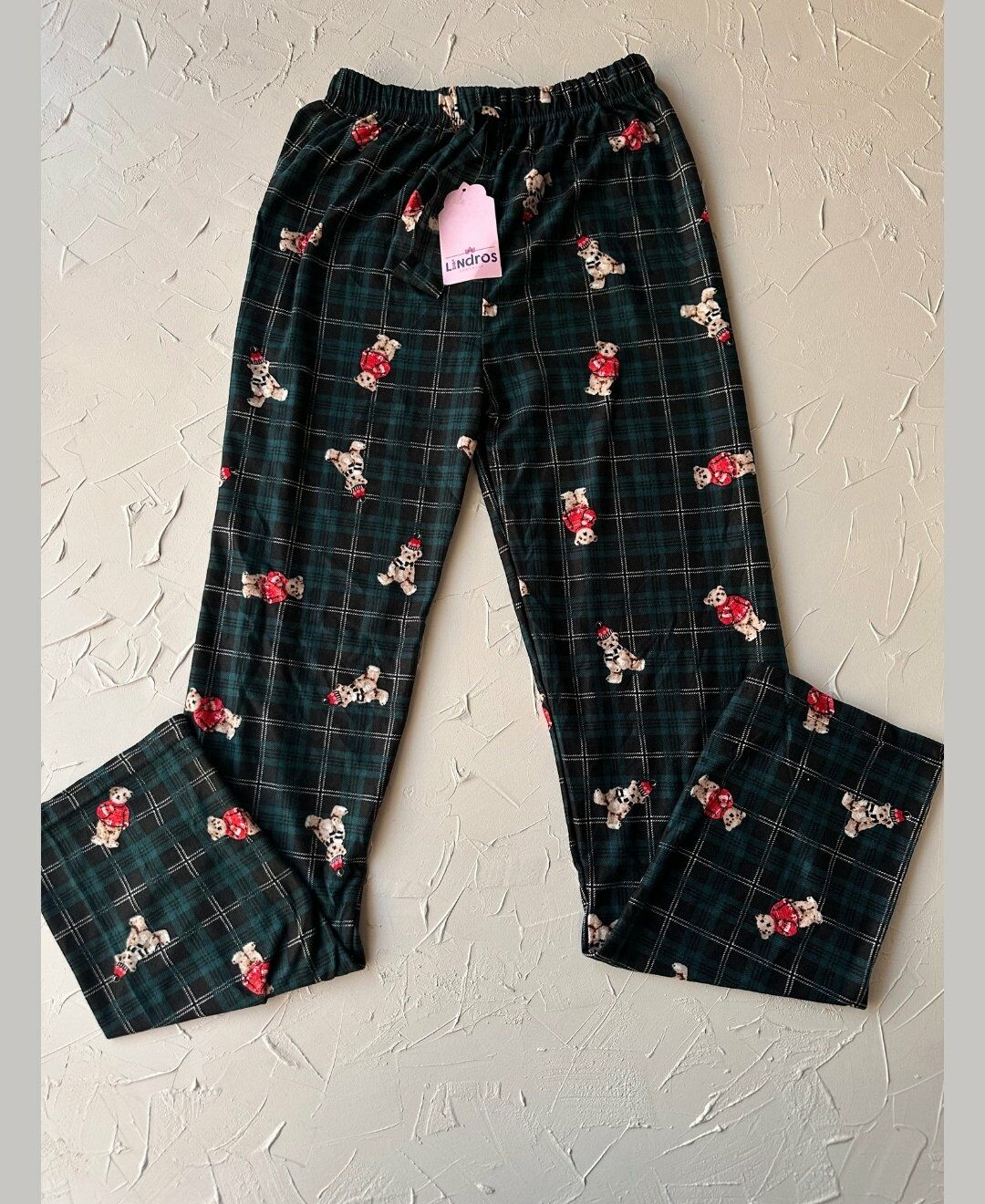 Lindros Kadife Zümrüt Yeşili Kare Desen Vintage Ayıcık Desenli %100 Pamuk Pijama Altı Zümrüt Yeşili - XL
