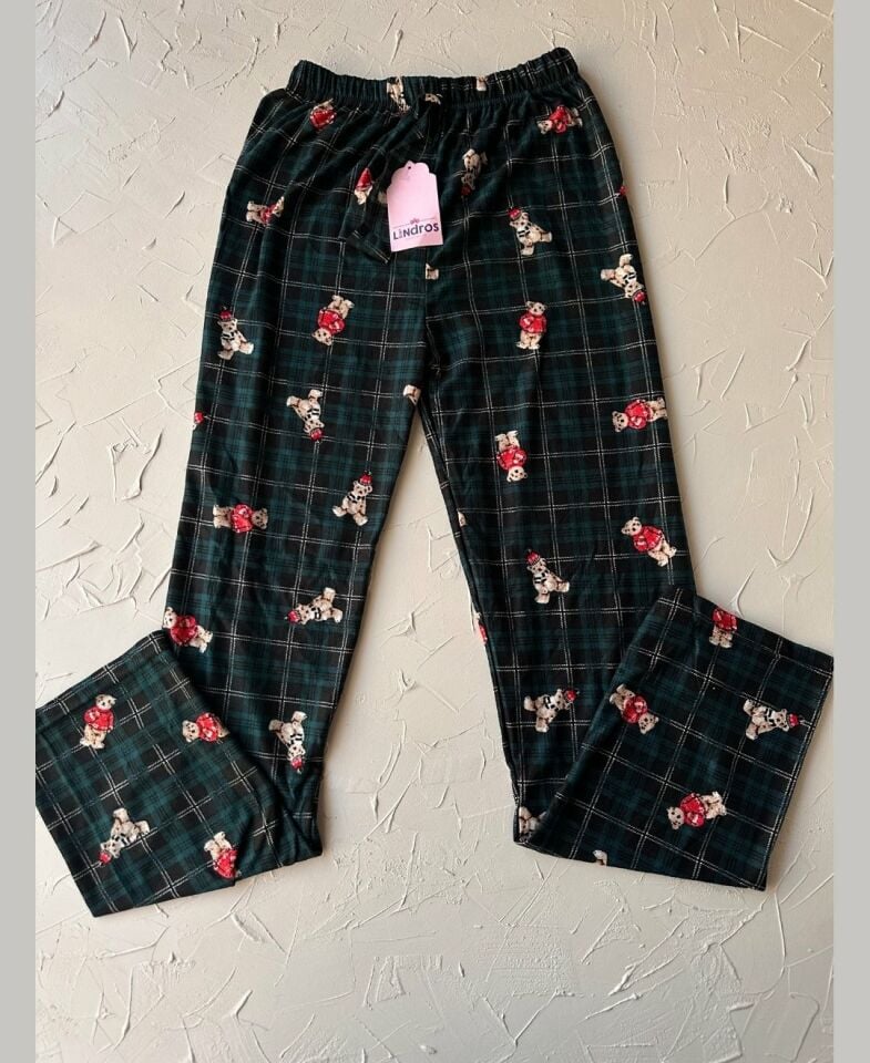Lindros Kadife Zümrüt Yeşili Kare Desen Vintage Ayıcık Desenli %100 Pamuk Pijama Altı Zümrüt Yeşili - XL