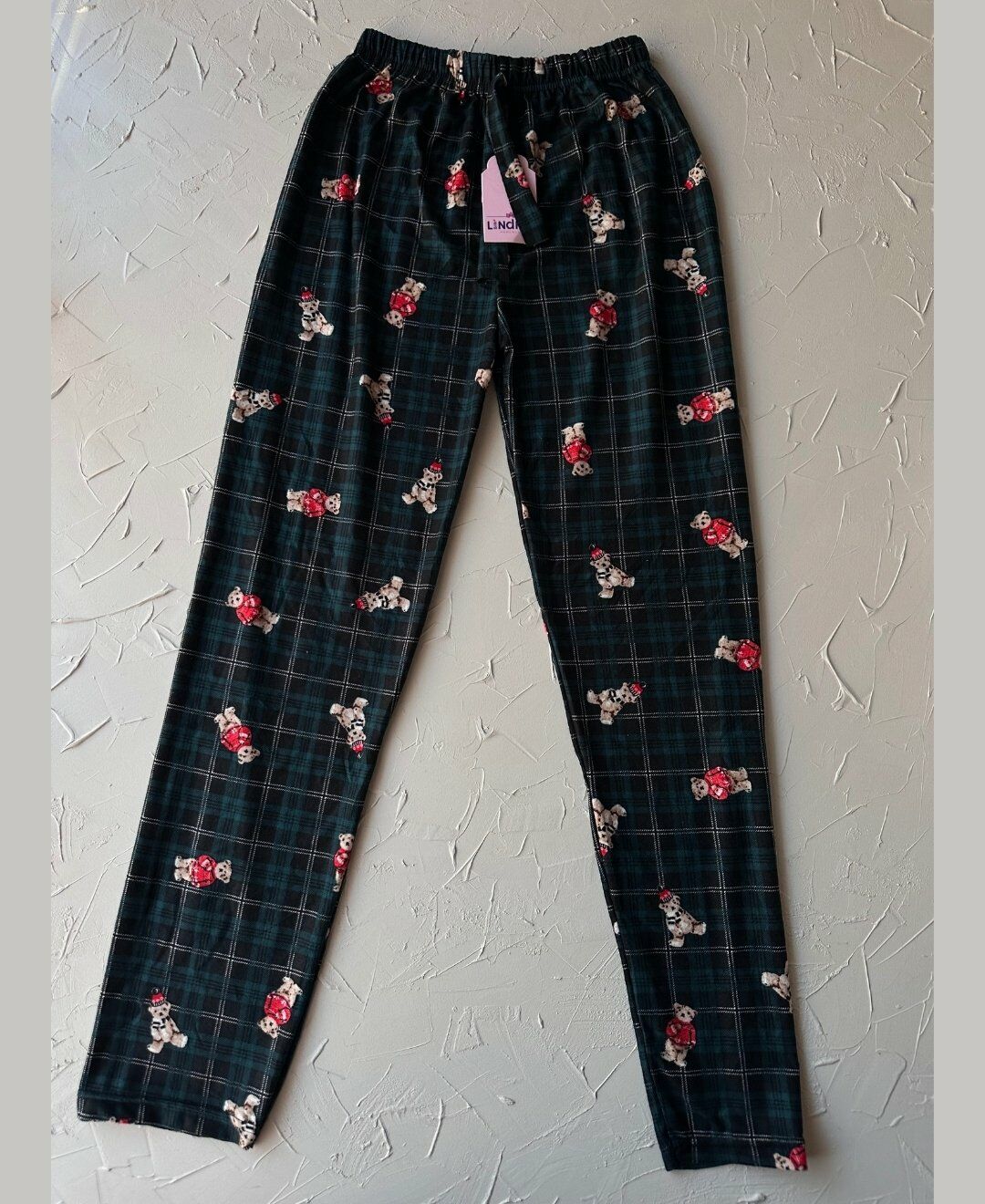 Lindros Kadife Zümrüt Yeşili Kare Desen Vintage Ayıcık Desenli %100 Pamuk Pijama Altı Zümrüt Yeşili - XL