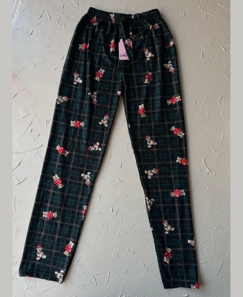 Lindros Kadife Zümrüt Yeşili Kare Desen Vintage Ayıcık Desenli %100 Pamuk Pijama Altı Zümrüt Yeşili - XL