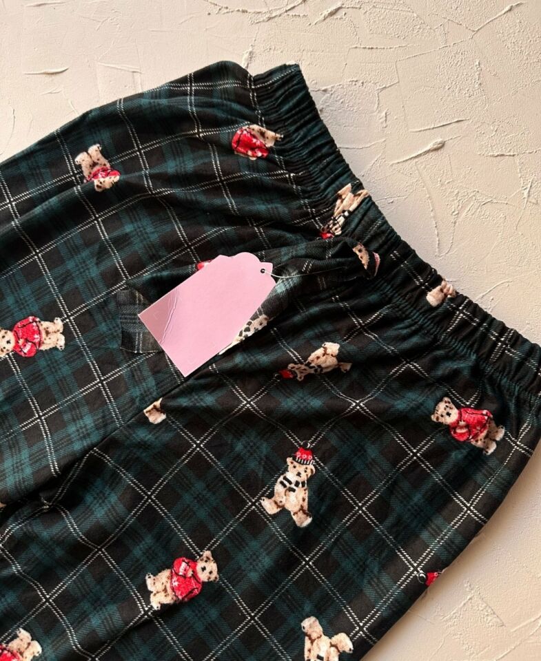 Lindros Kadife Zümrüt Yeşili Kare Desen Vintage Ayıcık Desenli %100 Pamuk Pijama Altı Zümrüt Yeşili - XL