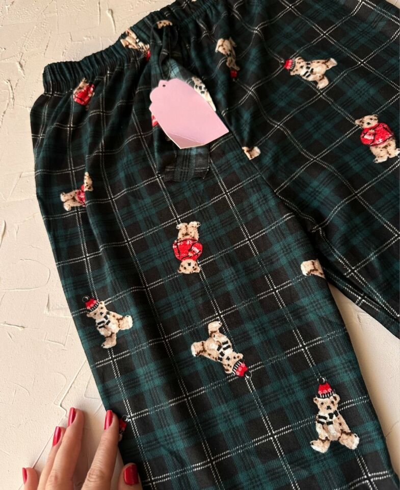 Lindros Kadife Zümrüt Yeşili Kare Desen Vintage Ayıcık Desenli %100 Pamuk Pijama Altı Zümrüt Yeşili - XL