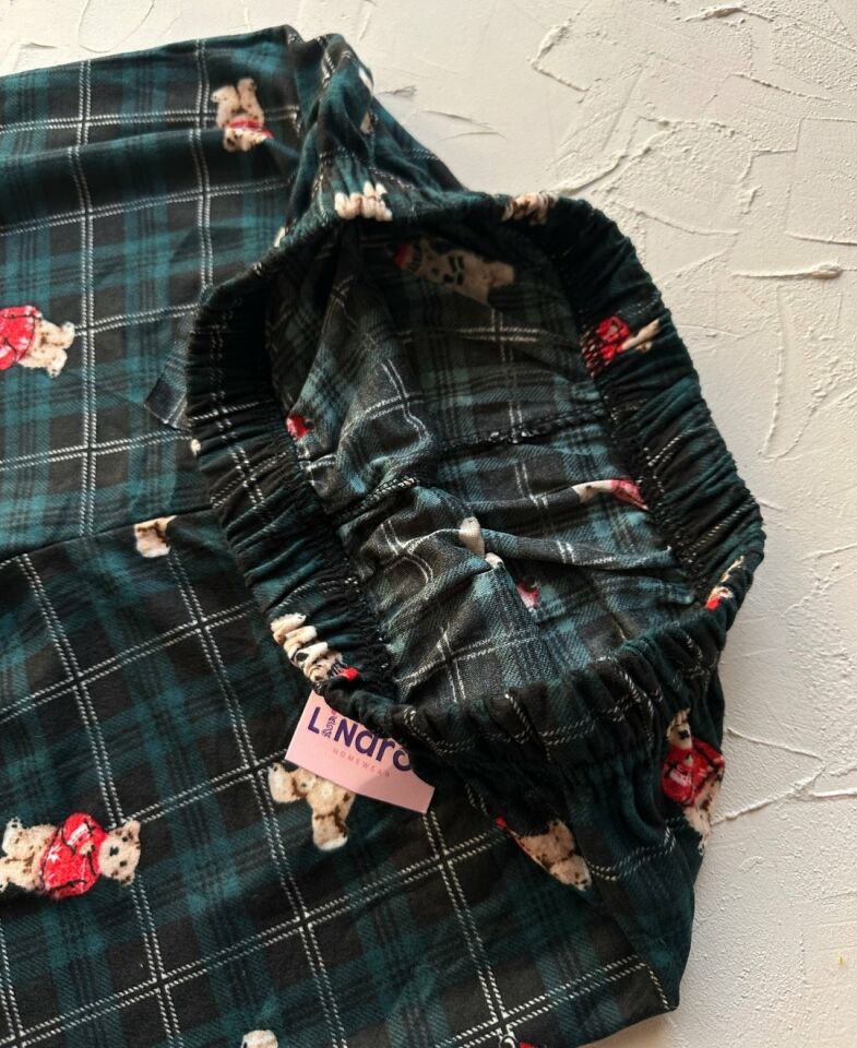 Lindros Kadife Zümrüt Yeşili Kare Desen Vintage Ayıcık Desenli %100 Pamuk Pijama Altı Zümrüt Yeşili - XL
